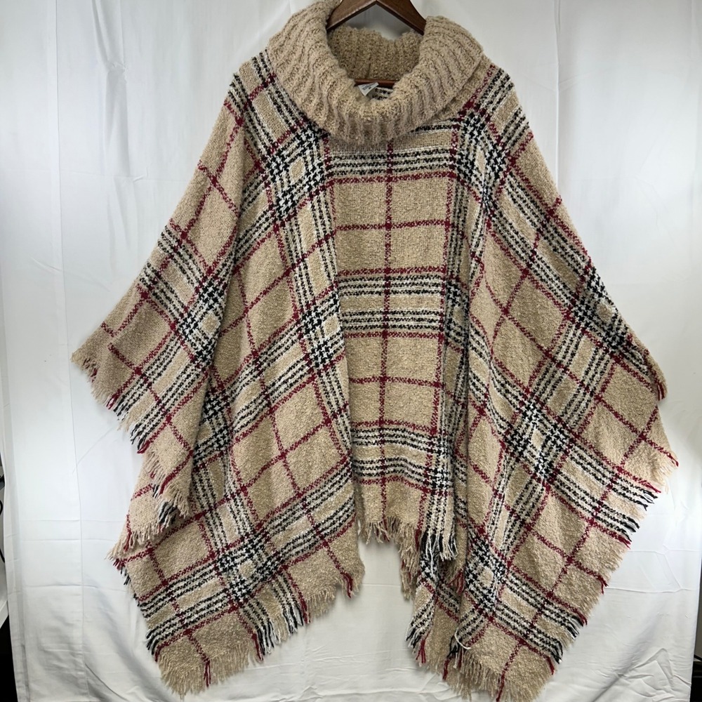 Time and Tru Poncho Womens 2X-3X Brownstone Plaid Cowl Neck Fringed Wrap